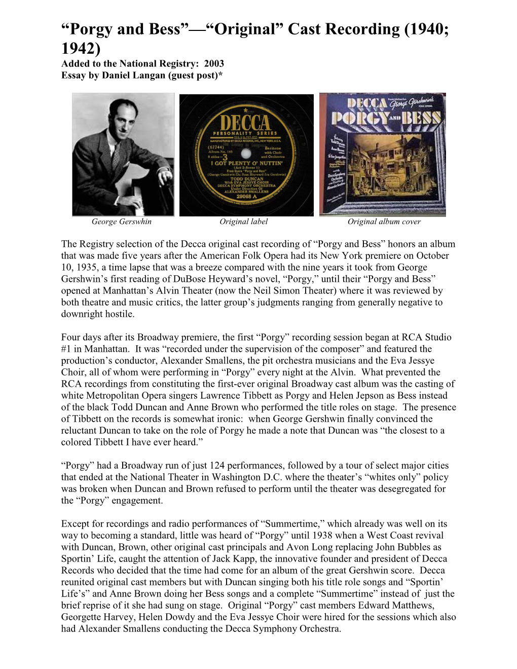 Porgy and Bess”—“Original” Cast Recording (1940; 1942) Added to the National Registry: 2003 Essay by Daniel Langan (Guest Post)*