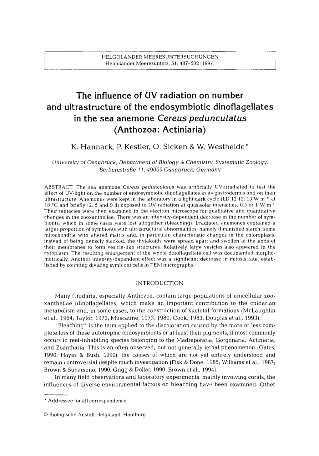 The Influence of UV Radiation on Number and Ultrastructure of the Endosymbiotic Dinoflagellates in the Sea Anemone Cereus Pedunculatus (Anthozoa: Actiniaria)