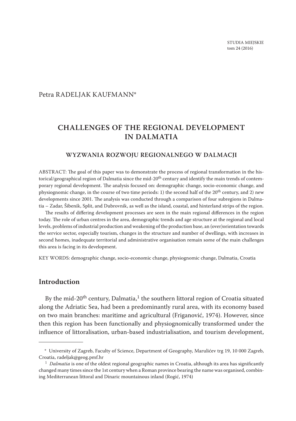 Challenges of the Regional Development in Dalmatia