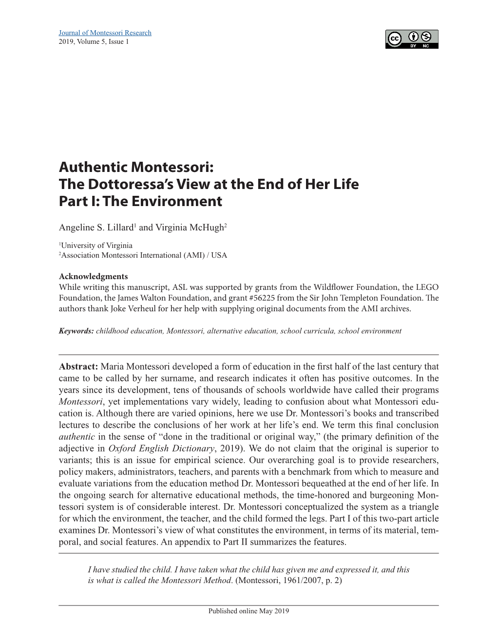 Authentic Montessori: the Dottoressa’S View at the End of Her Life Part I: the Environment