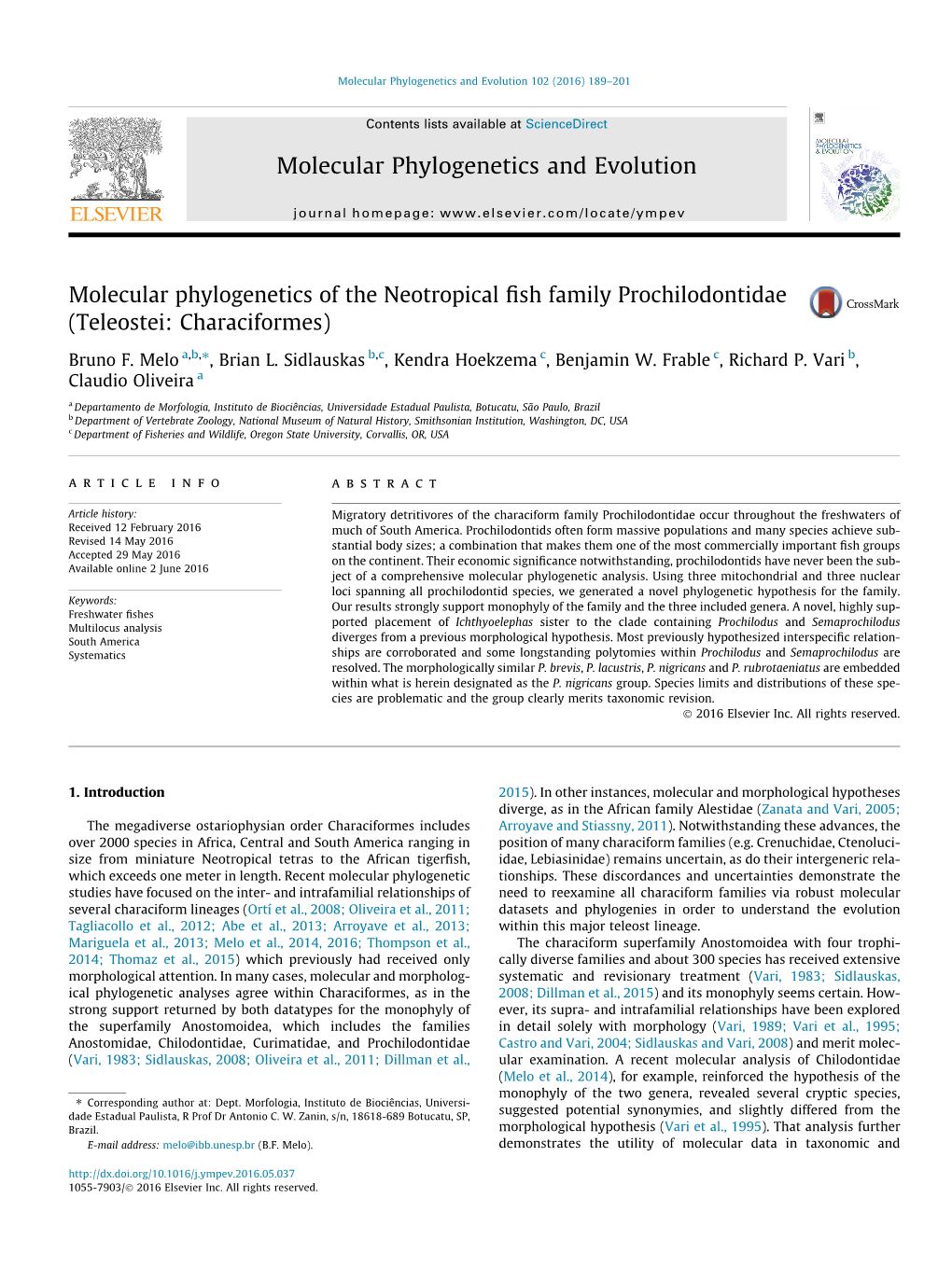 Molecular Phylogenetics of the Neotropical Fish Family