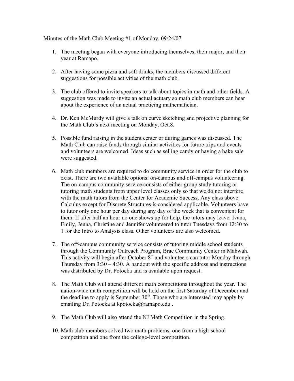 Minutes of the Math Club Meeting of Monday, 09/24/07
