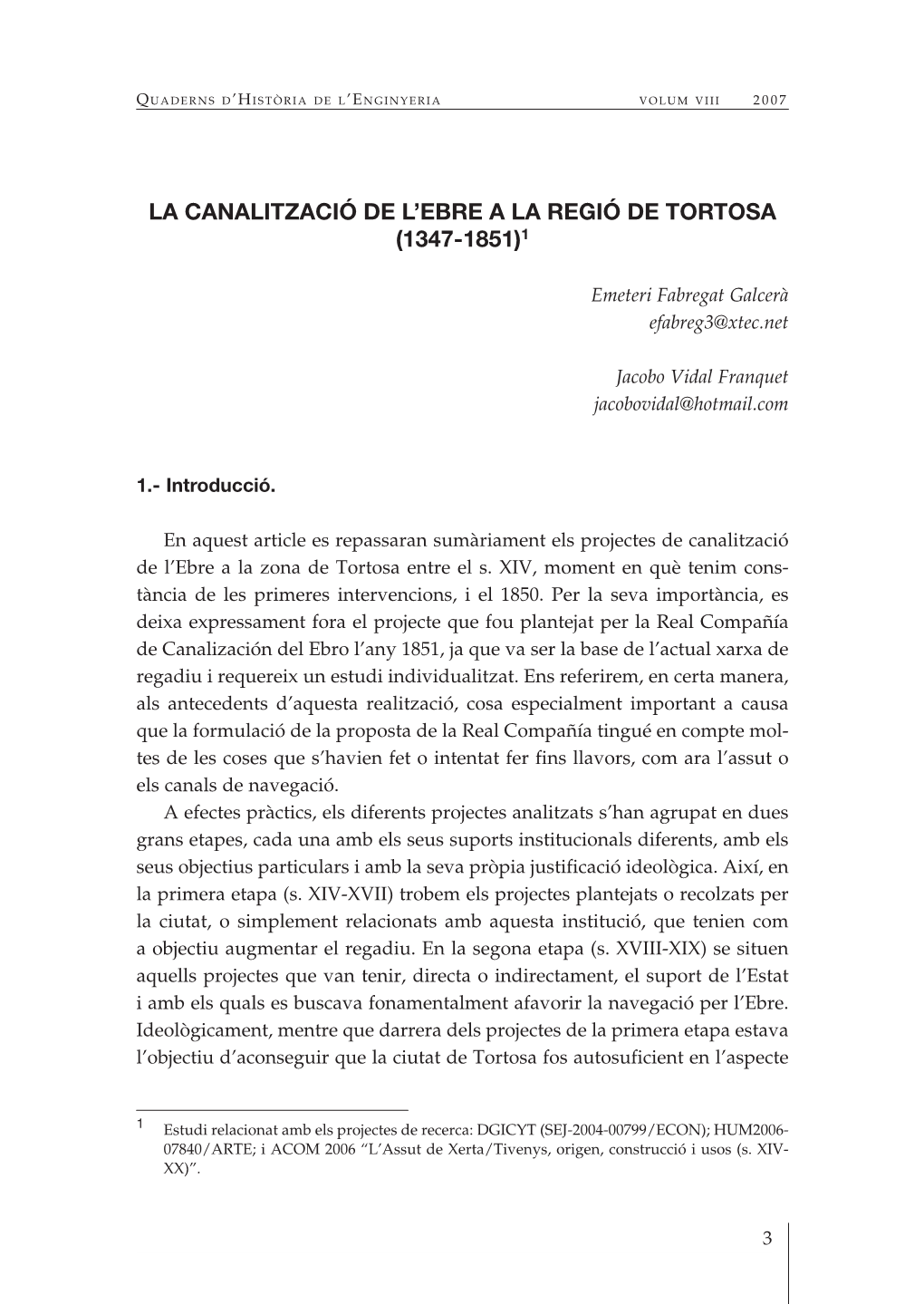 La Canalització De L'ebre a La Regió De Tortosa V O L U M V I I I 2 0 0 7