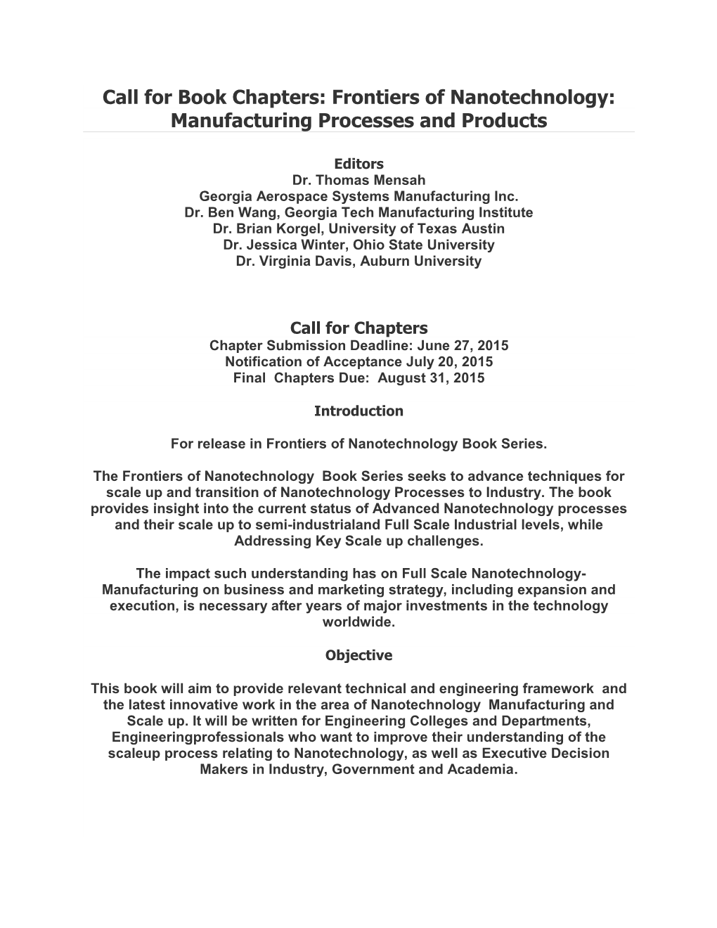 Call for Book Chapters: Frontiers of Nanotechnology: Manufacturing Processes and Products