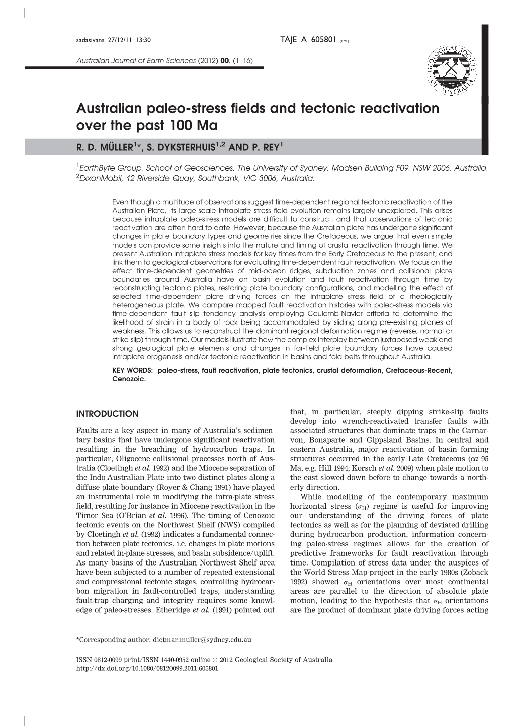 Australian Paleo-Stress Fields and Tectonic Reactivation Over the Past