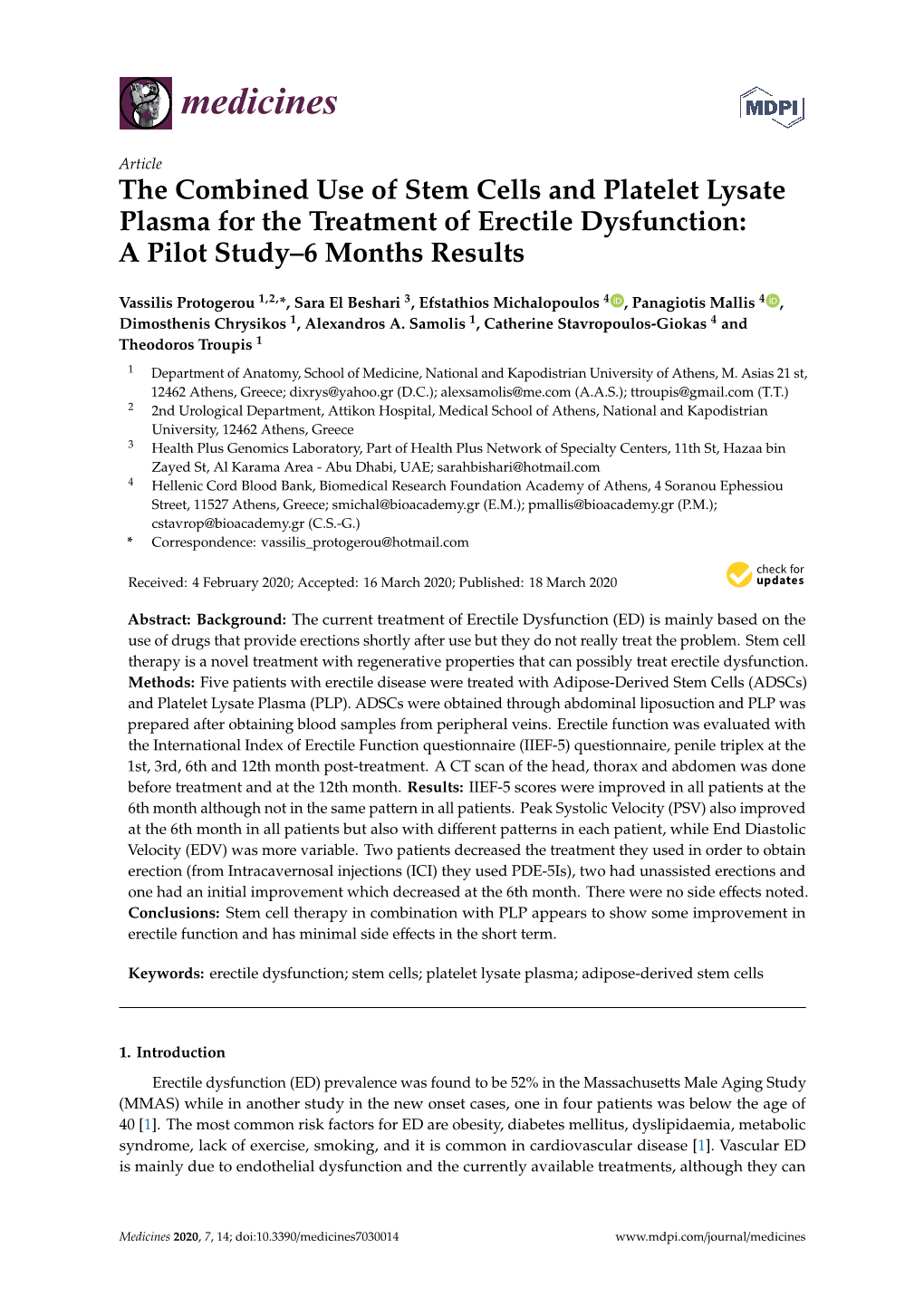 The Combined Use of Stem Cells and Platelet Lysate Plasma for the Treatment of Erectile Dysfunction: a Pilot Study–6 Months Results