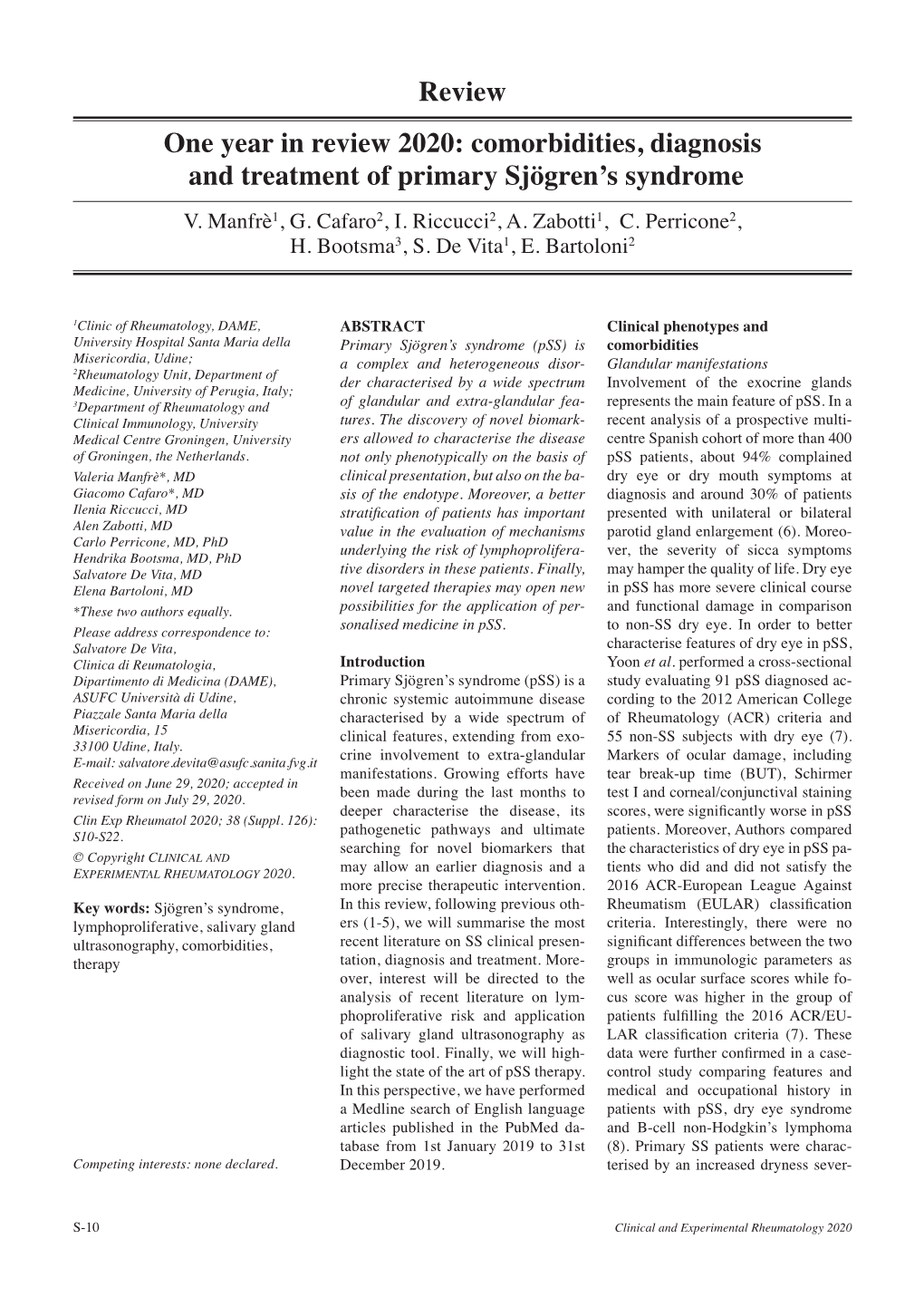 Comorbidities, Diagnosis and Treatment of Primary Sjögren's