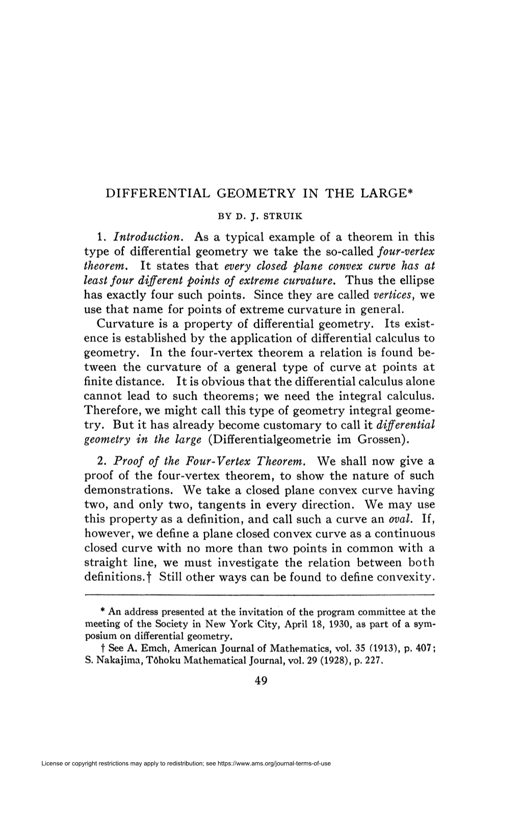 DIFFERENTIAL GEOMETRY in the LARGE* 1. Introduction. As a Typical