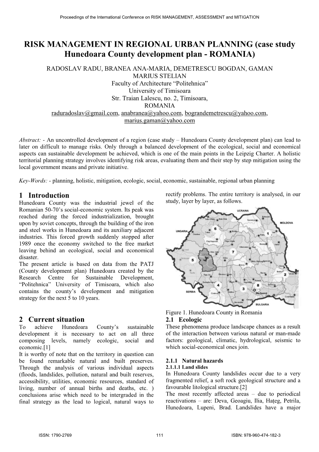 RISK MANAGEMENT in REGIONAL URBAN PLANNING (Case Study Hunedoara County Development Plan - ROMANIA)