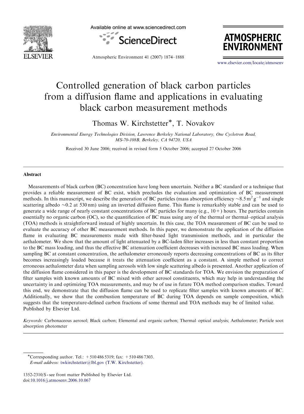 Controlled Generation of Black Carbon Particles from a Diffusion Flame And
