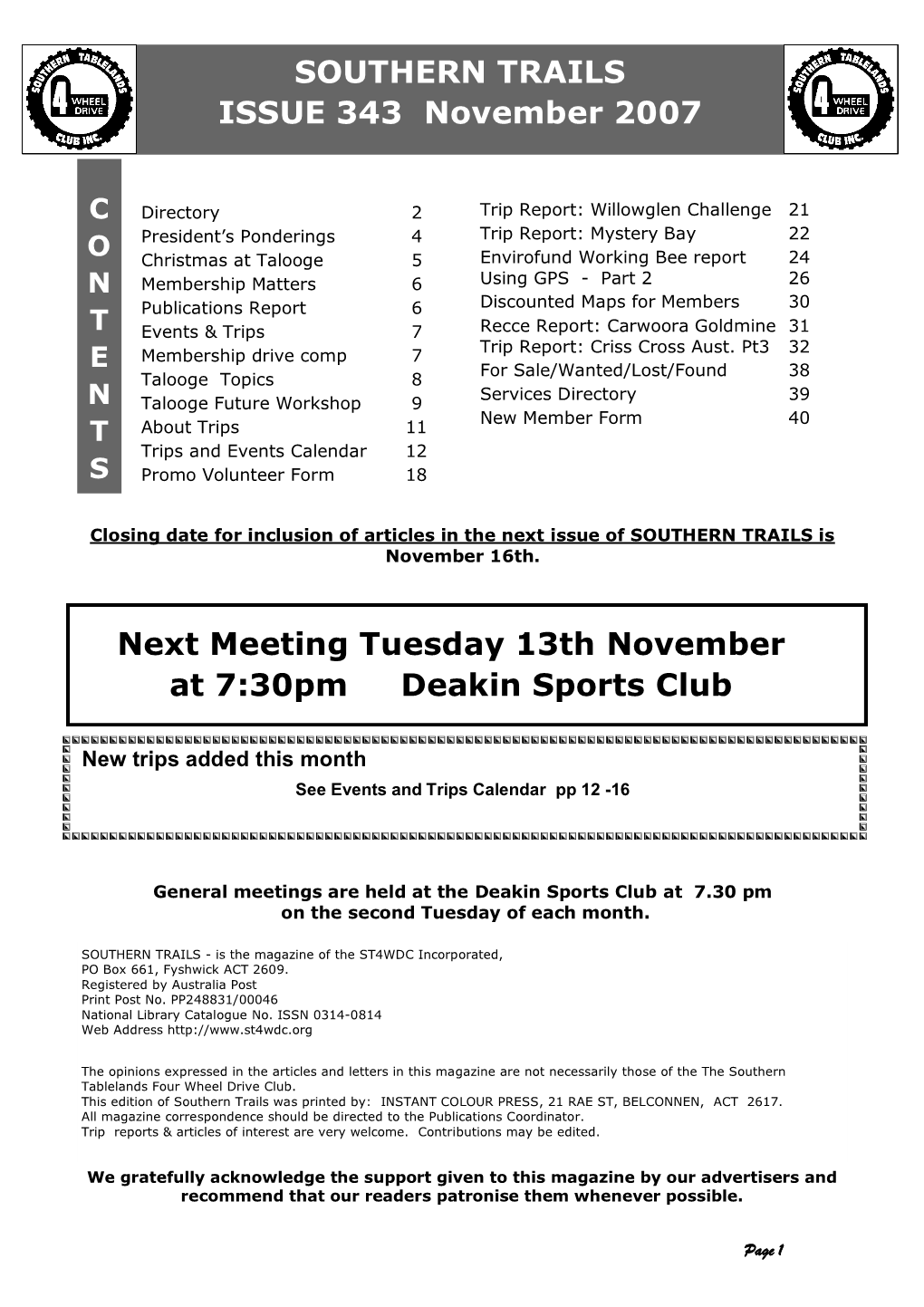 SOUTHERN TRAILS ISSUE 343 November 2007 Next Meeting