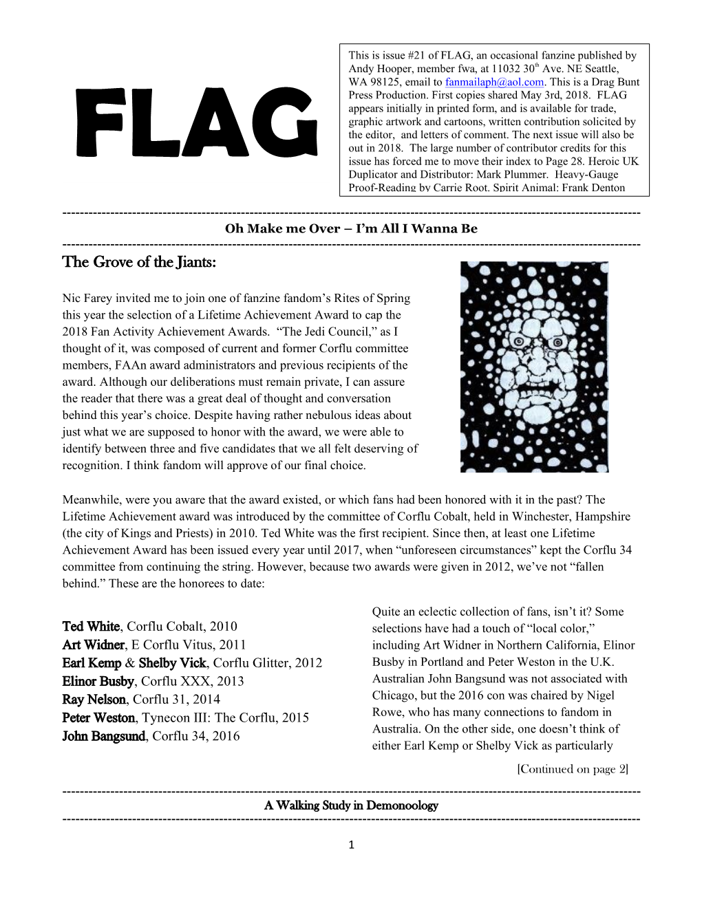 FLAG, an Occasional Fanzine Published by Andy Hooper, Member Fwa, at 11032 30Th Ave