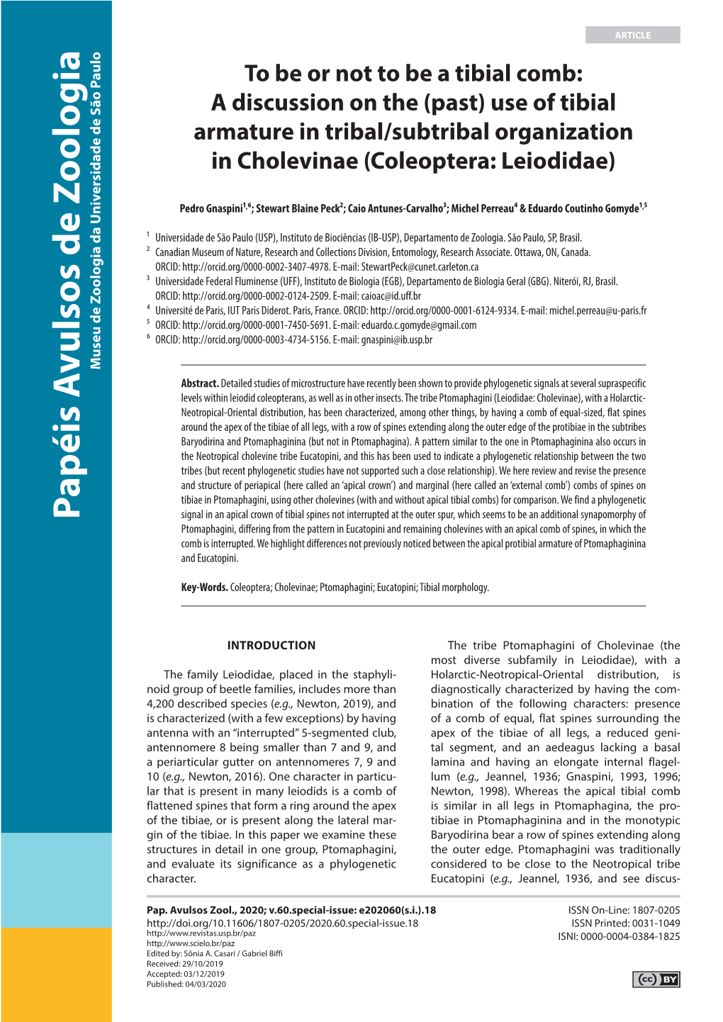 A Discussion on the (Past) Use of Tibial Armature in Tribal/Subtribal Organization in Cholevinae (Coleoptera: Leiodidae)