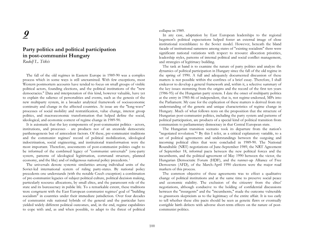 Party Politics and Political Participation in Postcommunist Hungary