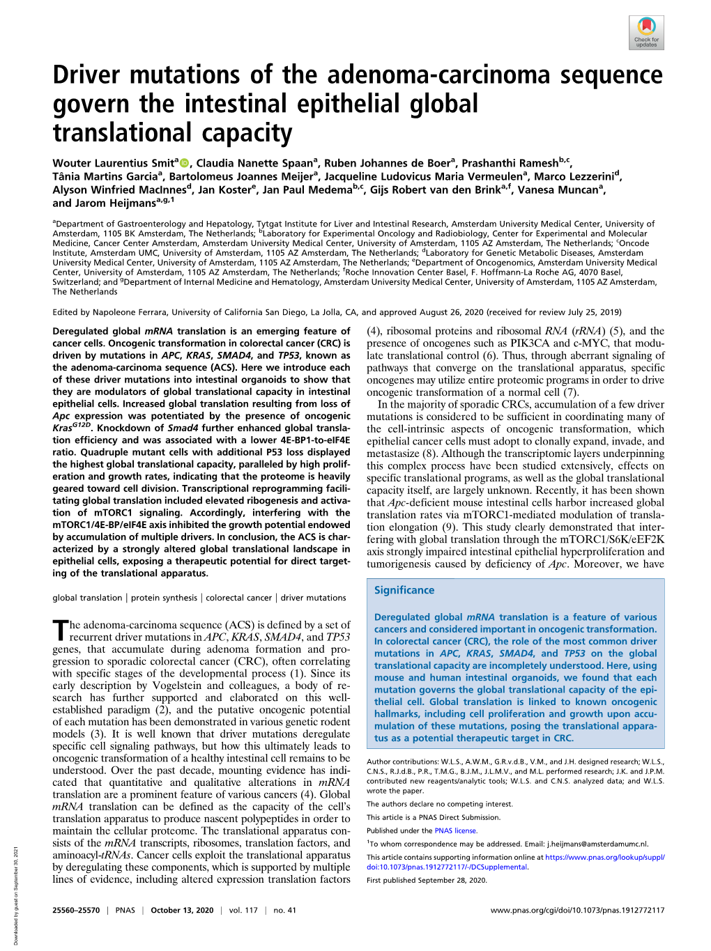 Driver Mutations of the Adenoma-Carcinoma Sequence Govern the Intestinal Epithelial Global Translational Capacity