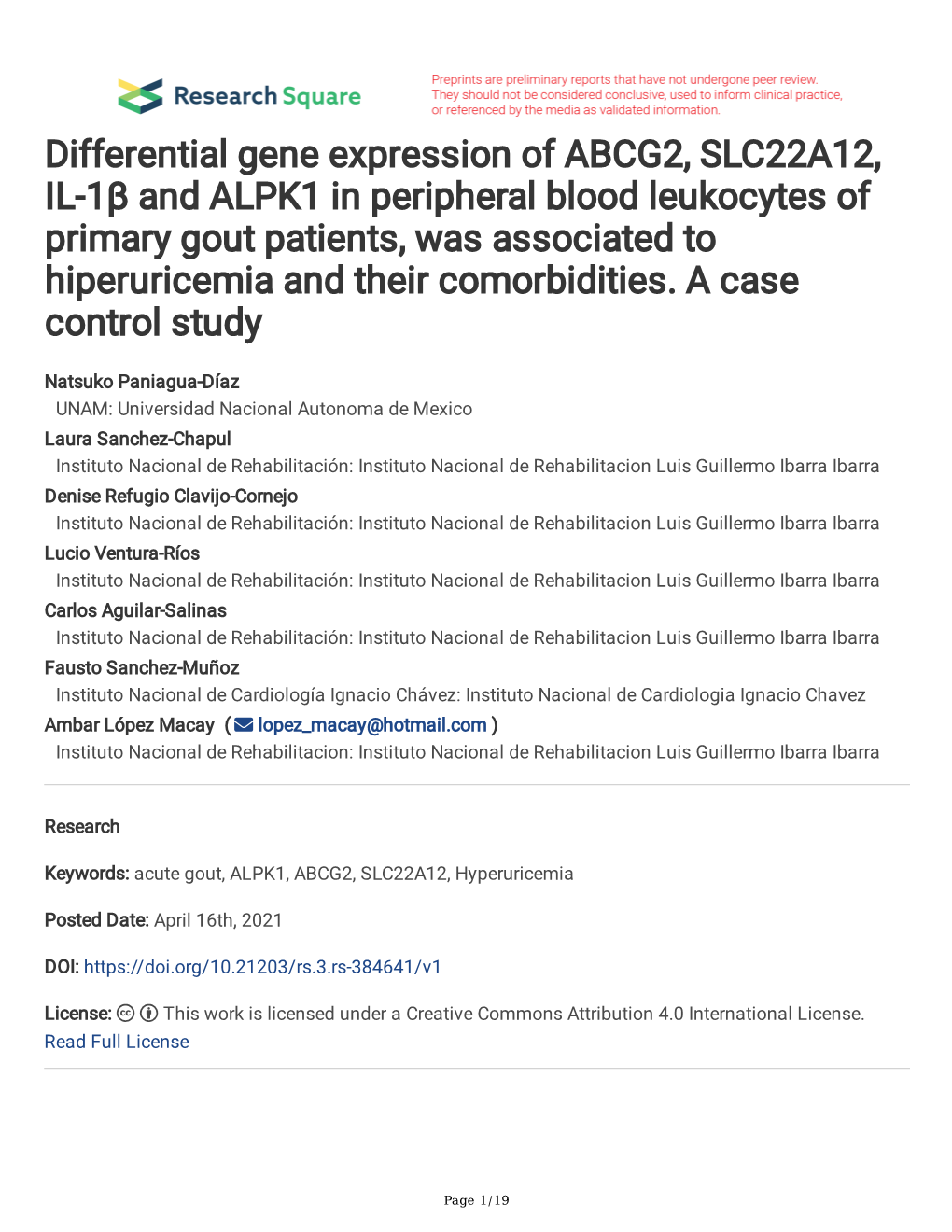 Differential Gene Expression of ABCG2, SLC22A12, IL-1Β And