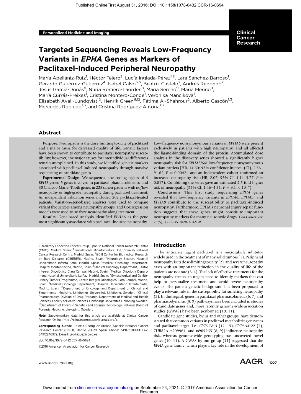 Targeted Sequencing Reveals Low-Frequency Variants in EPHA Genes As Markers of Paclitaxel-Induced Peripheral Neuropathy