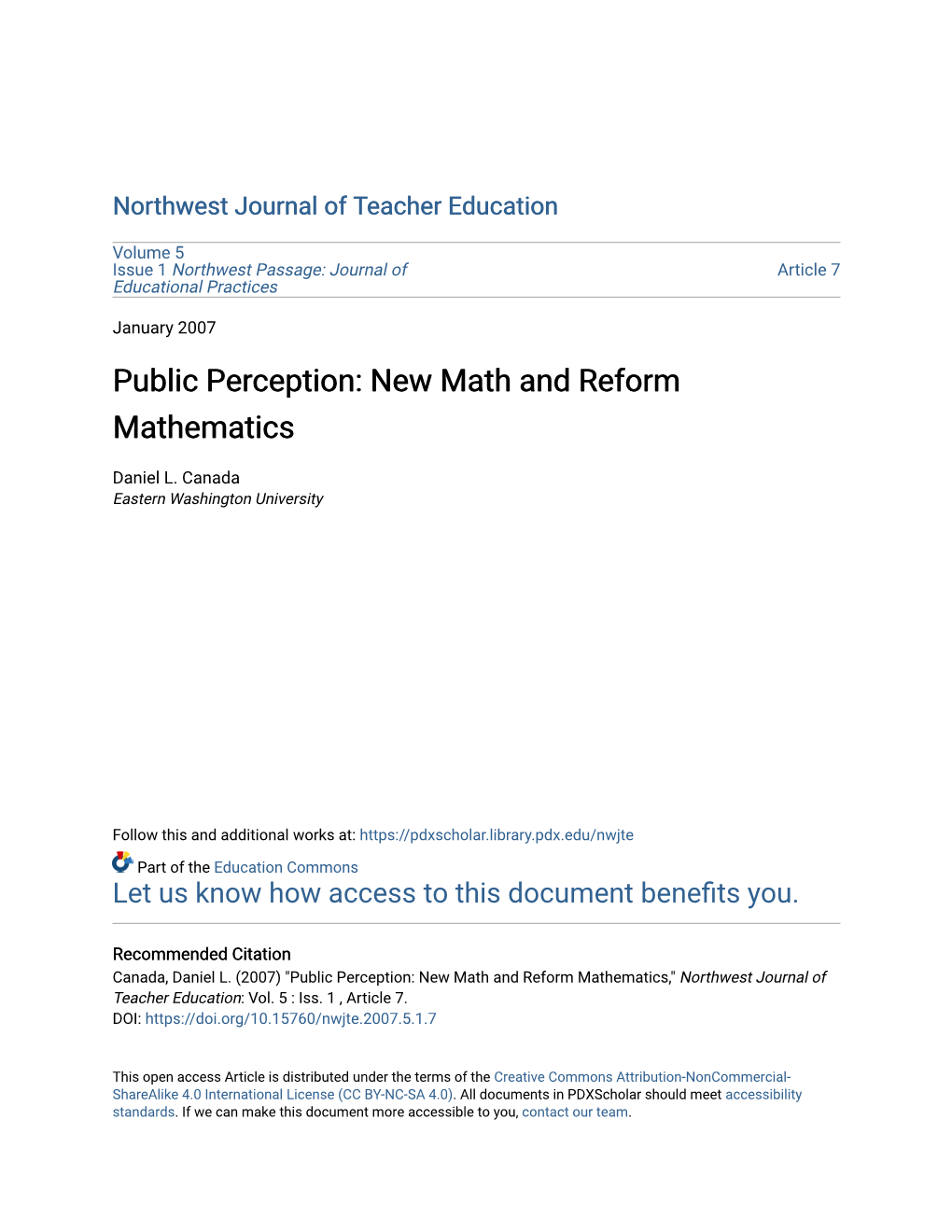 Public Perception: New Math and Reform Mathematics