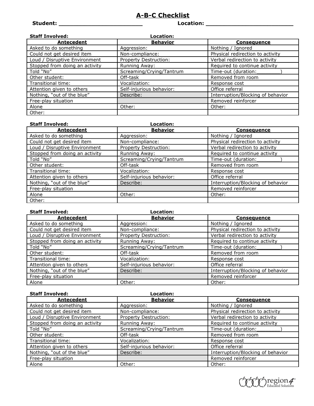 Behavior Incident/Observation Form