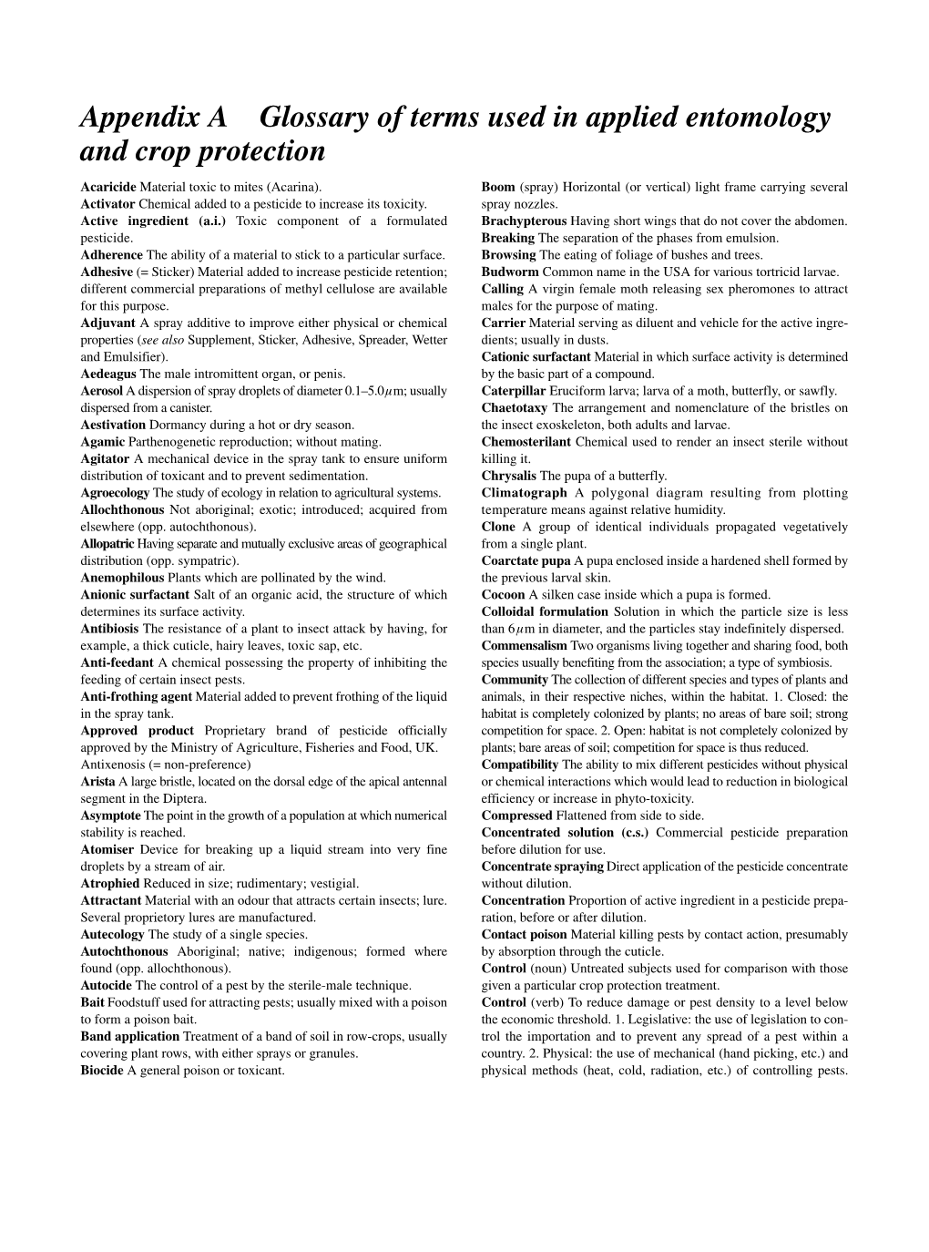 Appendix a Glossary of Terms Used in Applied Entomology and Crop Protection