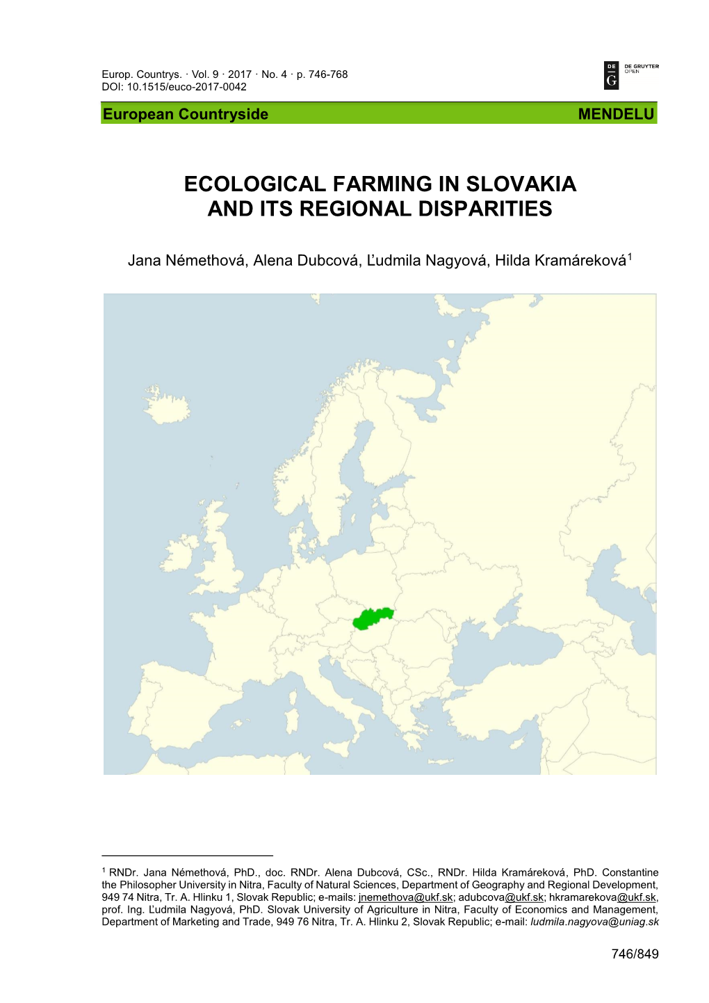 Ecological Farming in Slovakia and Its Regional Disparities