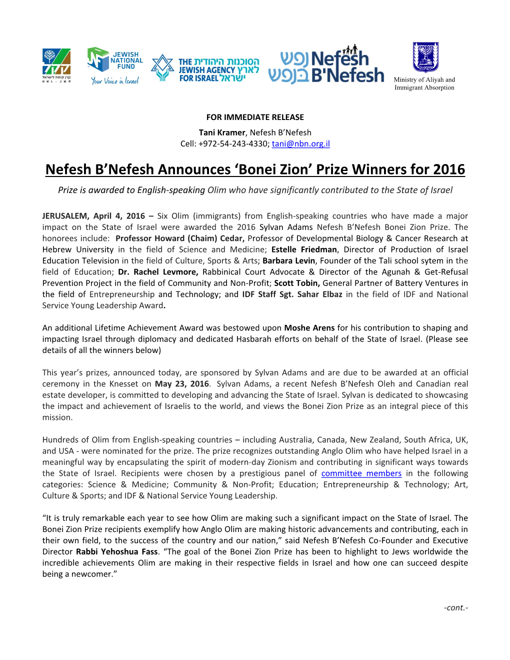 Nefesh B'nefesh Announces 'Bonei Zion' Prize Winners for 2016
