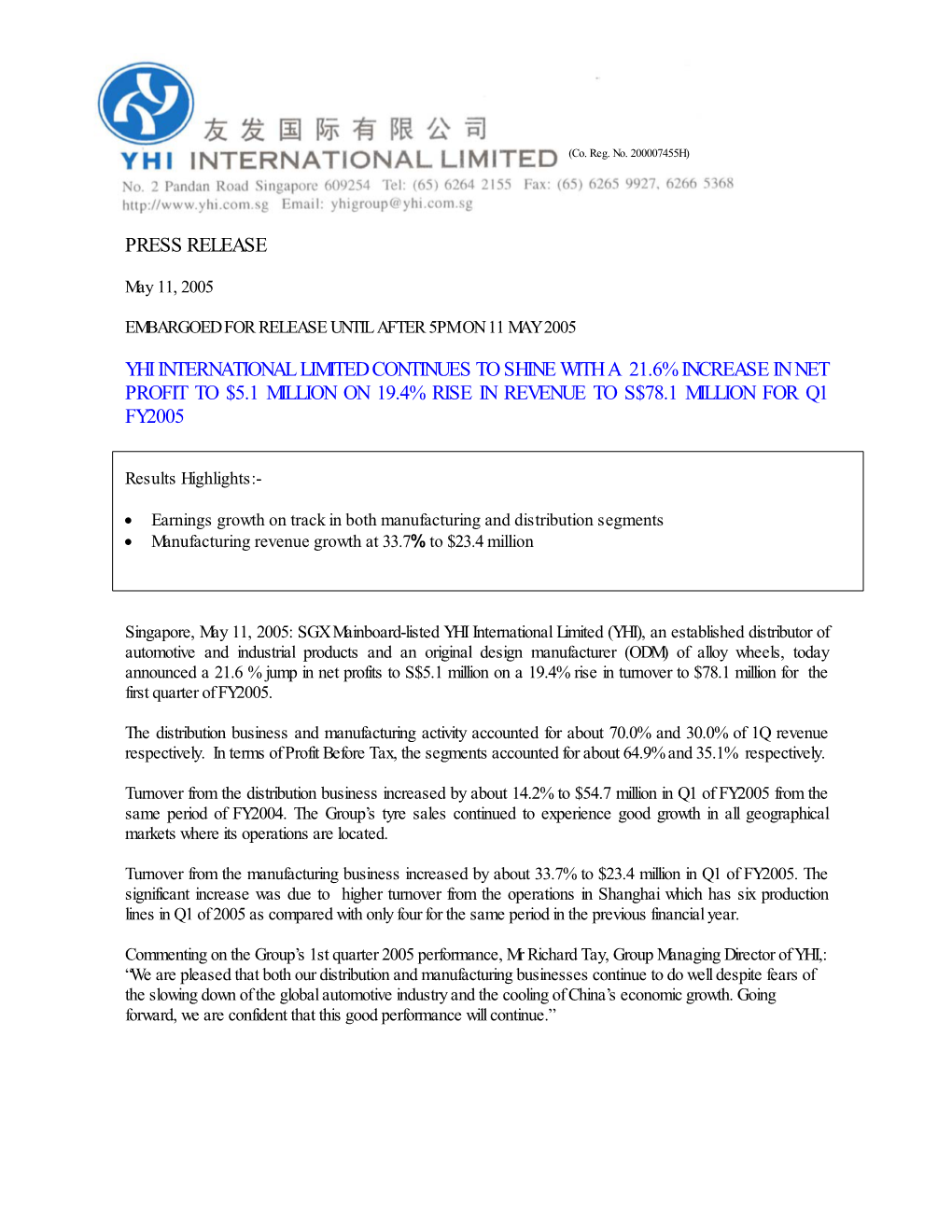 Press Release Yhi International Limited