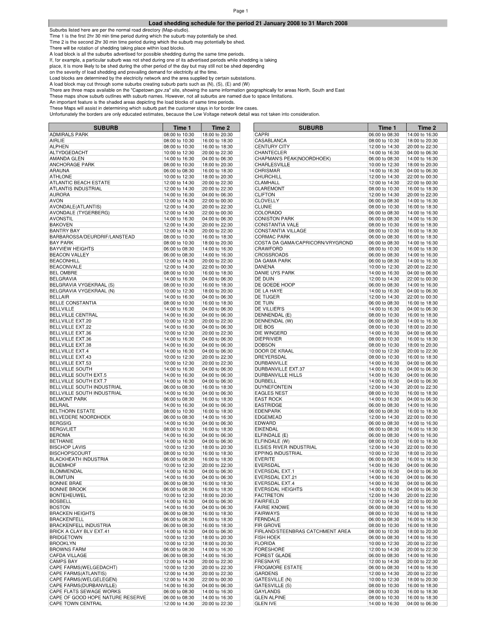 Load Shedding Schedule for the Period 21 January 2008 to 31 March 2008 Suburbs Listed Here Are Per the Normal Road Directory (Map-Studio)