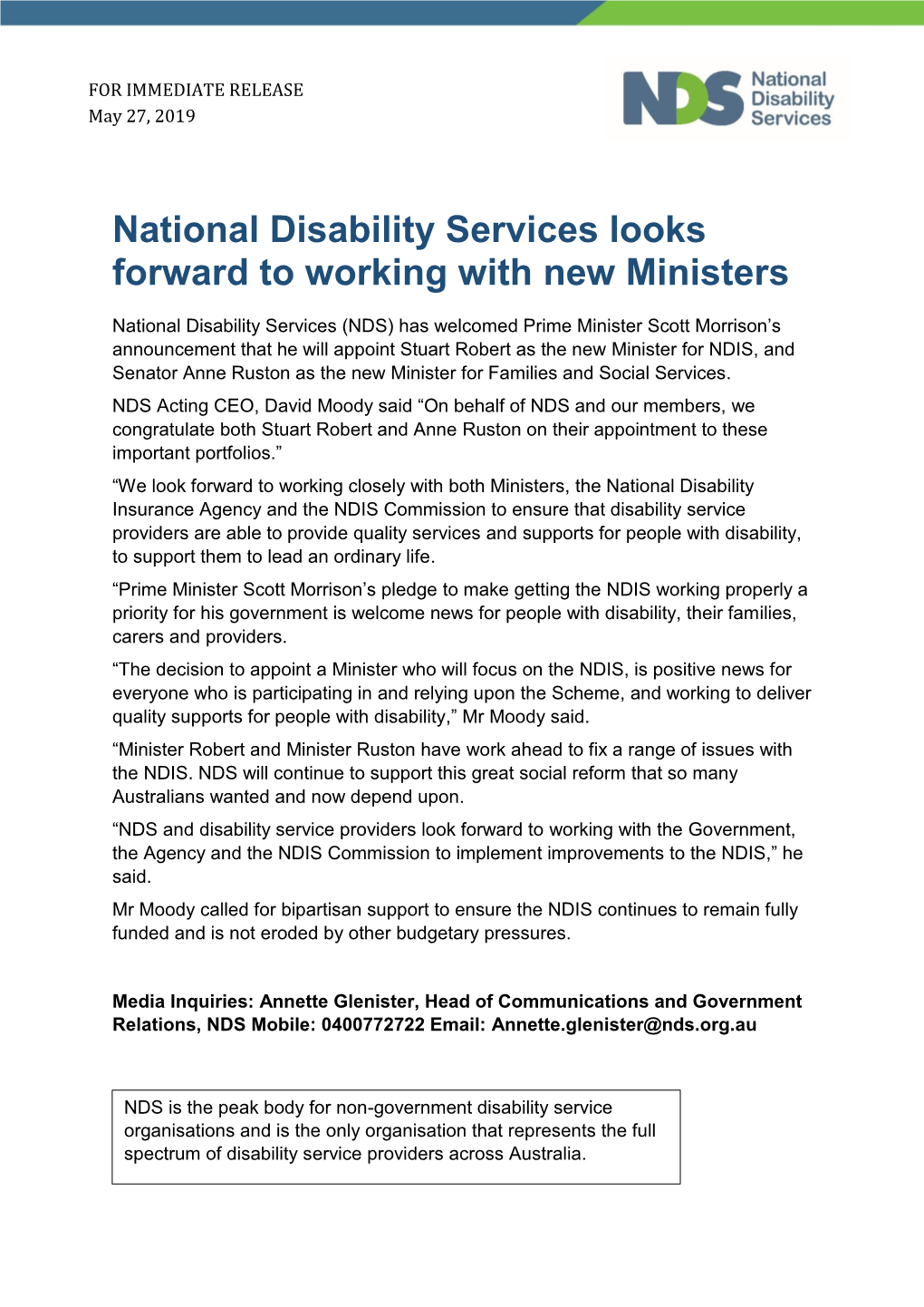 National Disability Services Looks Forward to Working with New Ministers