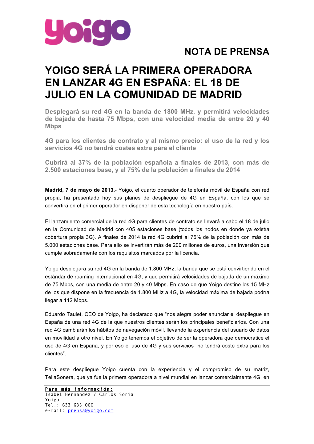 Yoigo Lanzará 4G En España