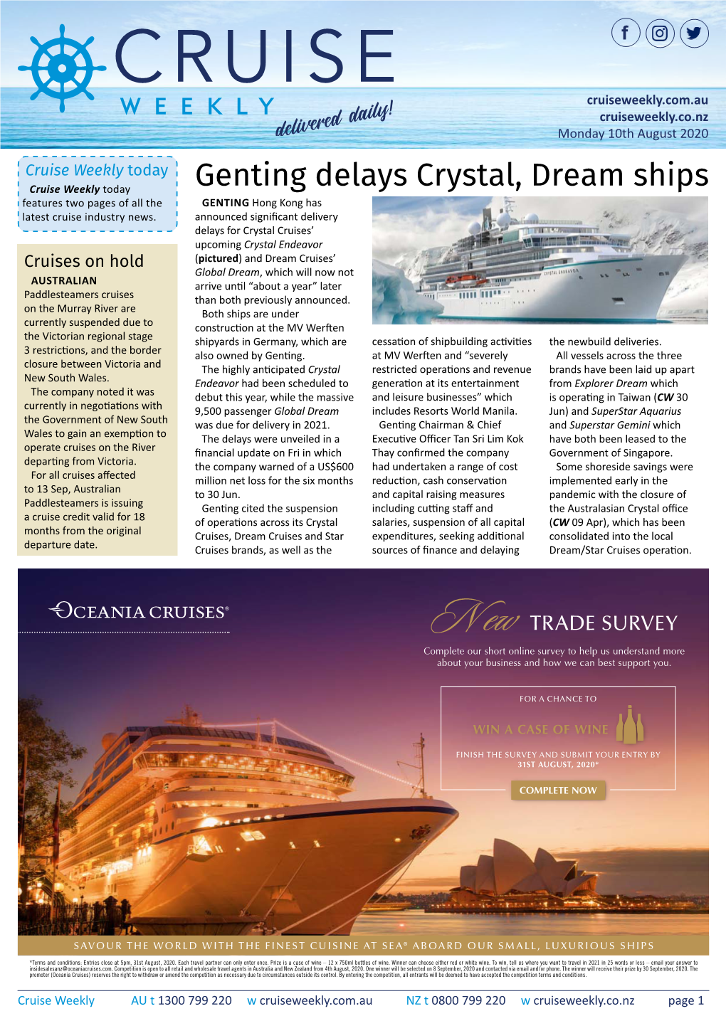 Genting Delays Crystal, Dream Ships Features Two Pages of All the GENTING Hong Kong Has Latest Cruise Industry News