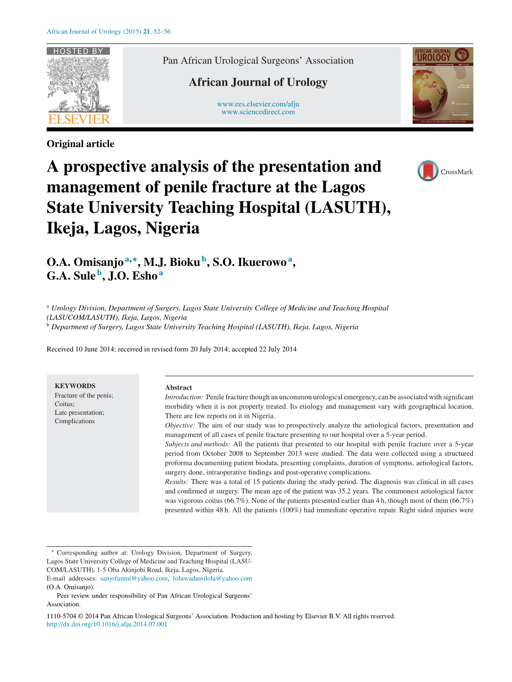 A Prospective Analysis of the Presentation and Management of Penile Fracture at the Lagos State University Teaching Hospital