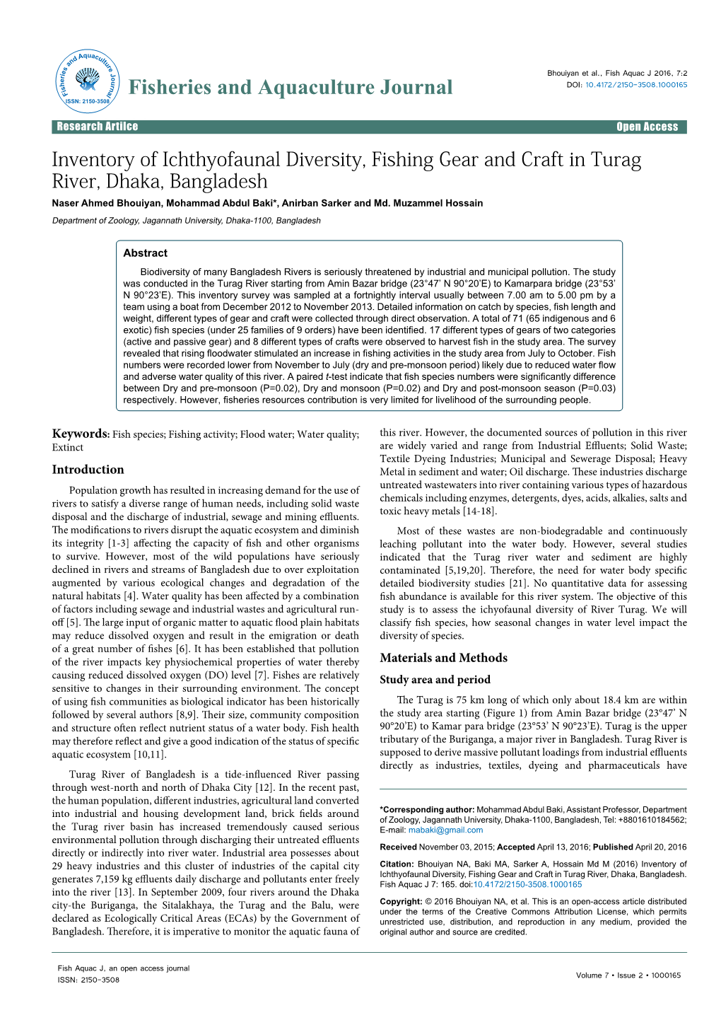 Inventory of Ichyofaunal Diversity, Fishing Gear and Craft in Turag