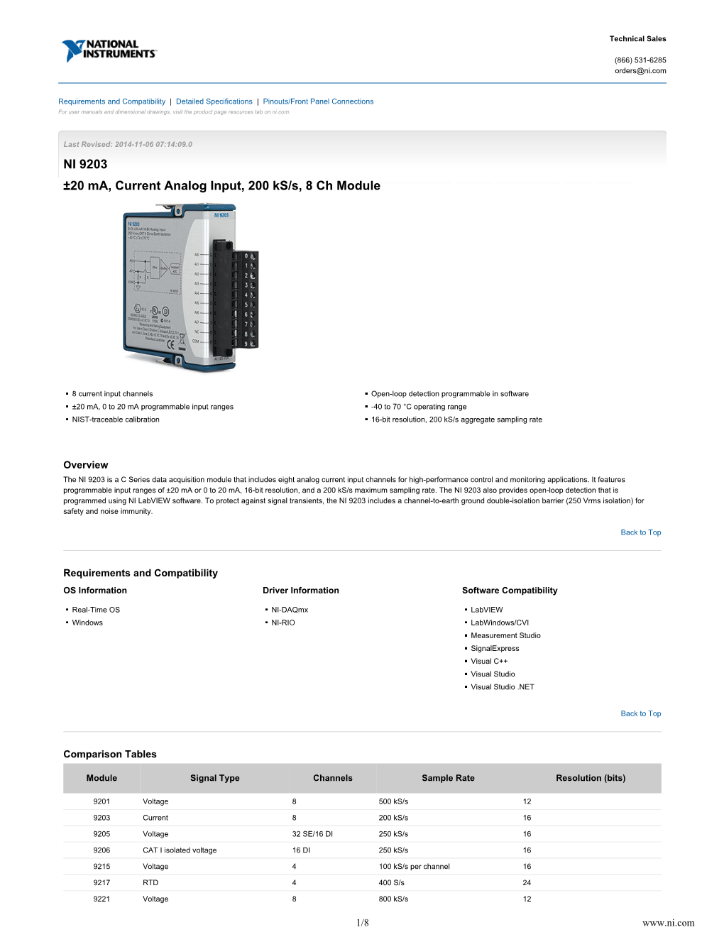 NI 9203 ±20 Ma, Current Analog Input, 200 Ks/S, 8 Ch Module