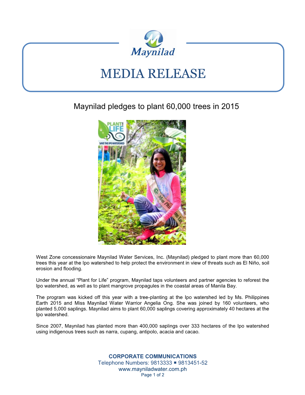 Maynilad Pledges to Plant 60000 Trees in 2015