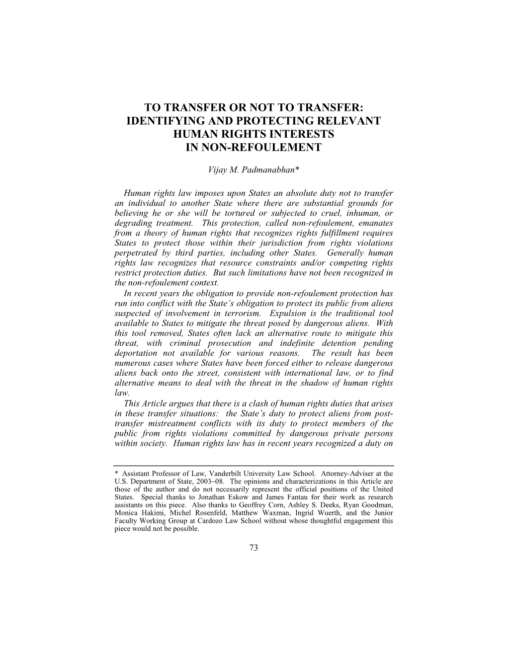 To Transfer Or Not to Transfer: Identifying and Protecting Relevant Human Rights Interests in Non-Refoulement