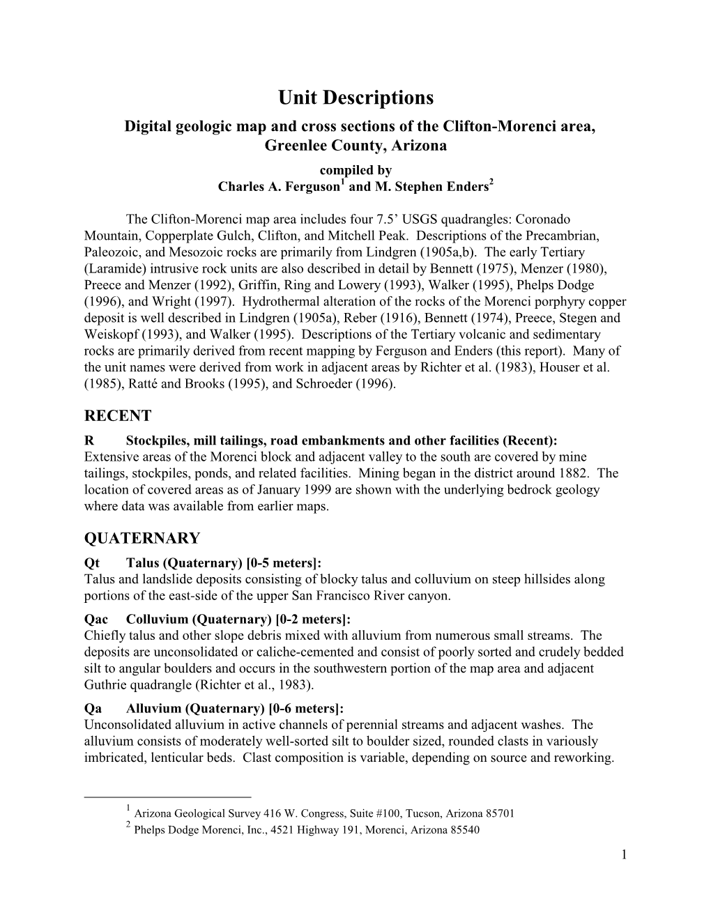 Digital Geologic Map and Cross Sections of the Clifton-Morenci Area, Greenlee County, Arizona Compiled by Charles A