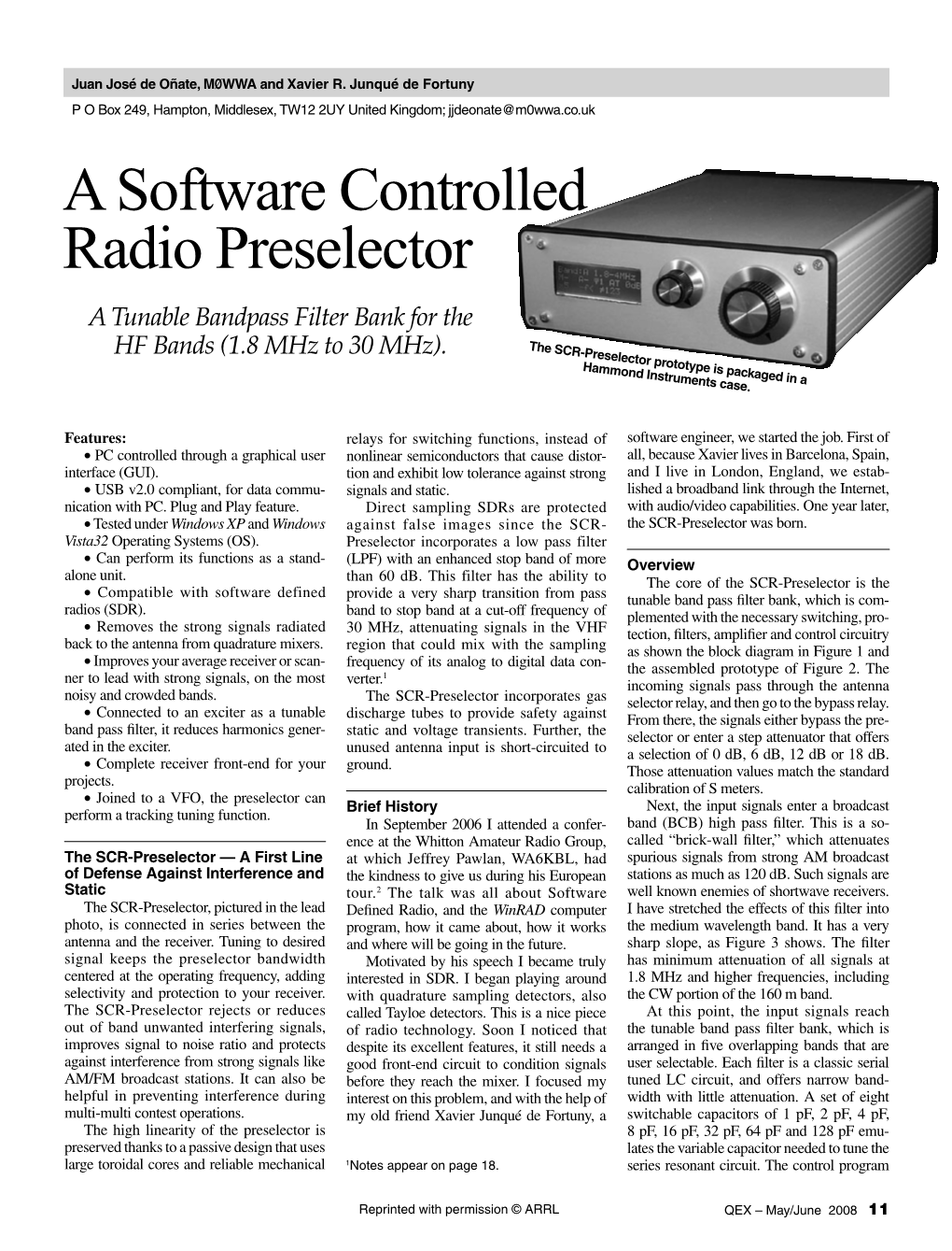 A Software Controlled Radio Preselector a Tunable Bandpass Filter Bank for the HF Bands (1.8 Mhz to 30 Mhz)