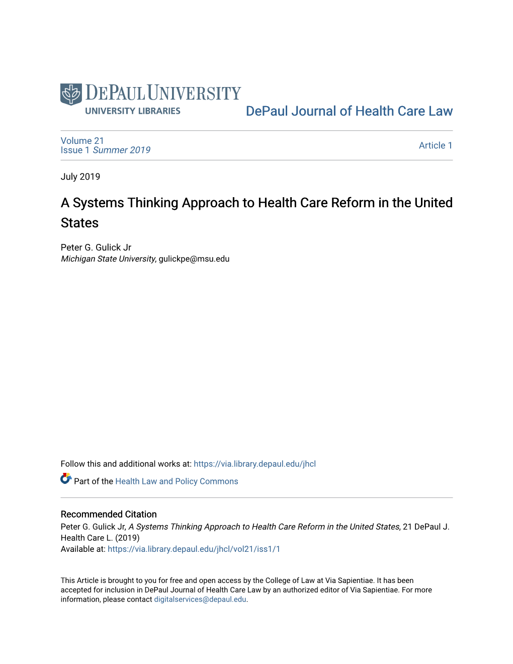 A Systems Thinking Approach to Health Care Reform in the United States