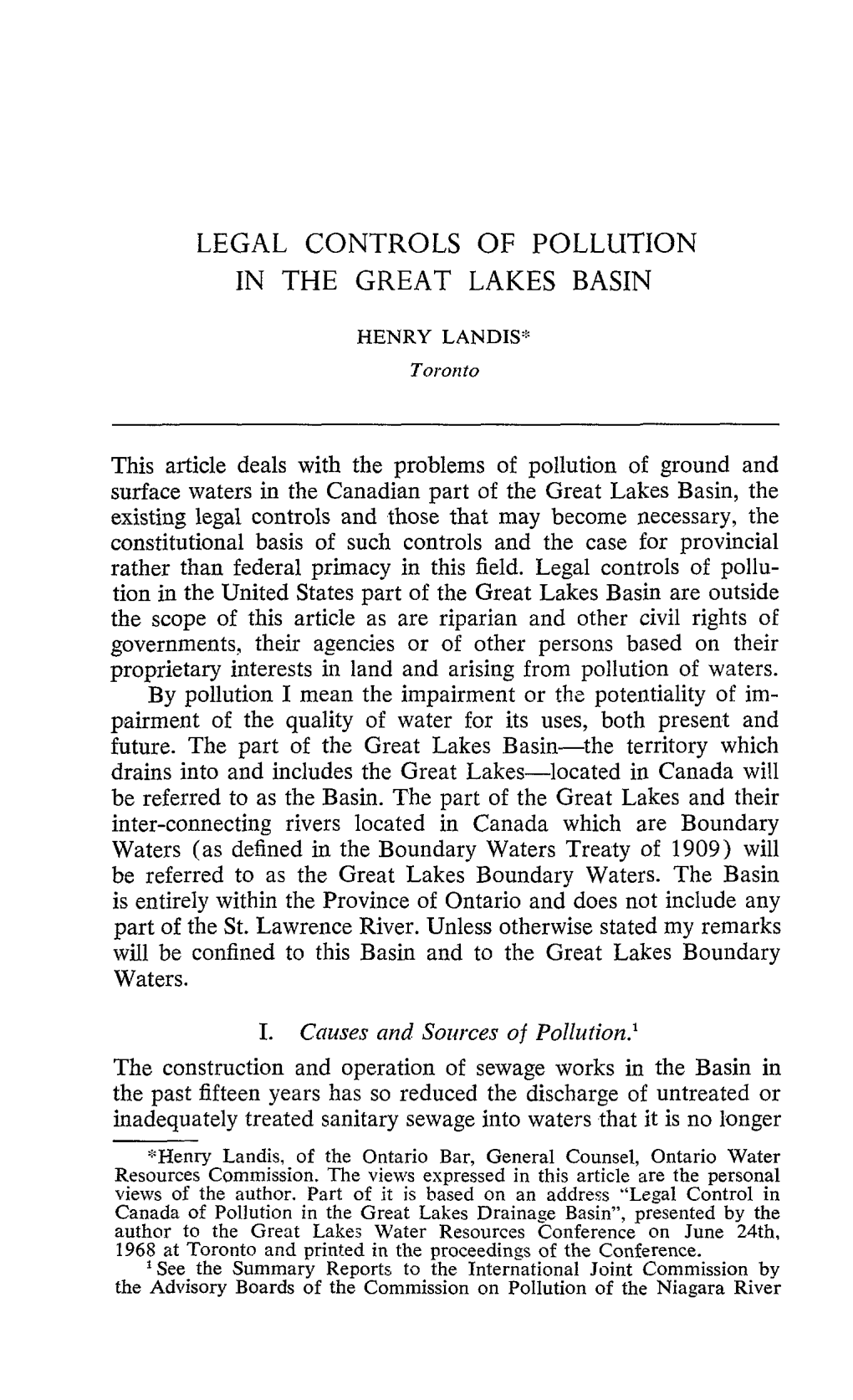 LEGAL CONTROLS of POLLUTION in the GREAT LAKES BASIN This