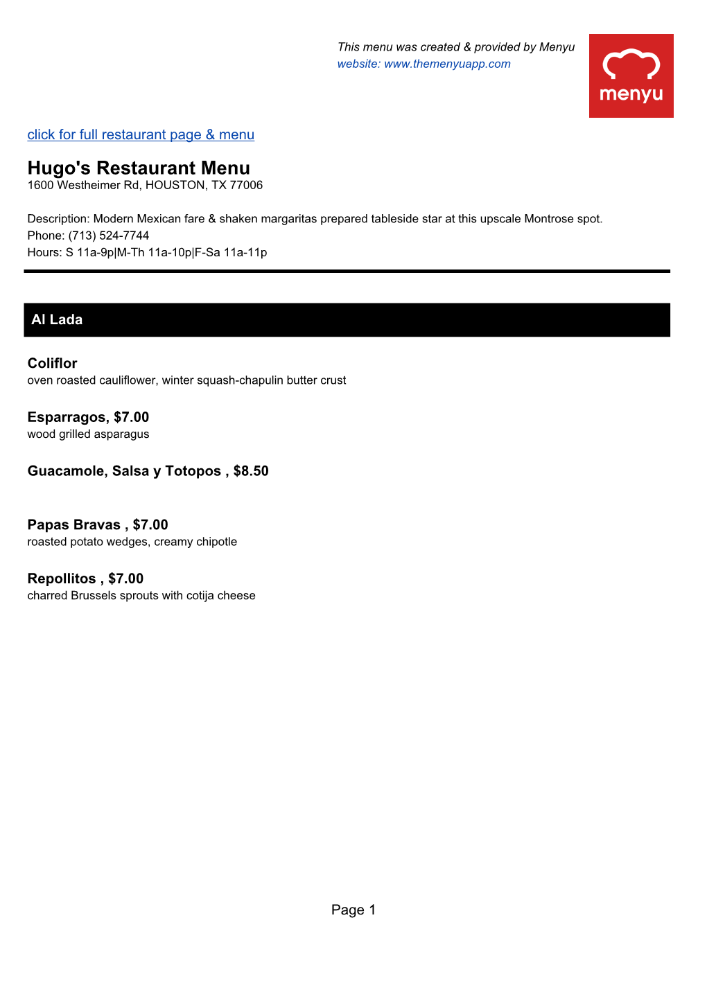 Hugo's Restaurant Menu 1600 Westheimer Rd, HOUSTON, TX 77006