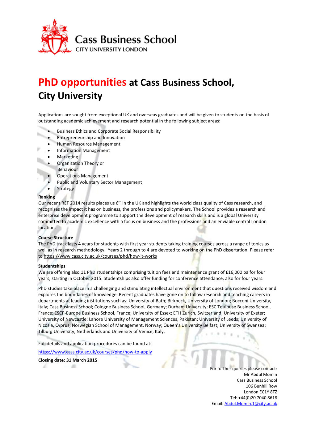 Phd Opportunities at Cass Business School, City University