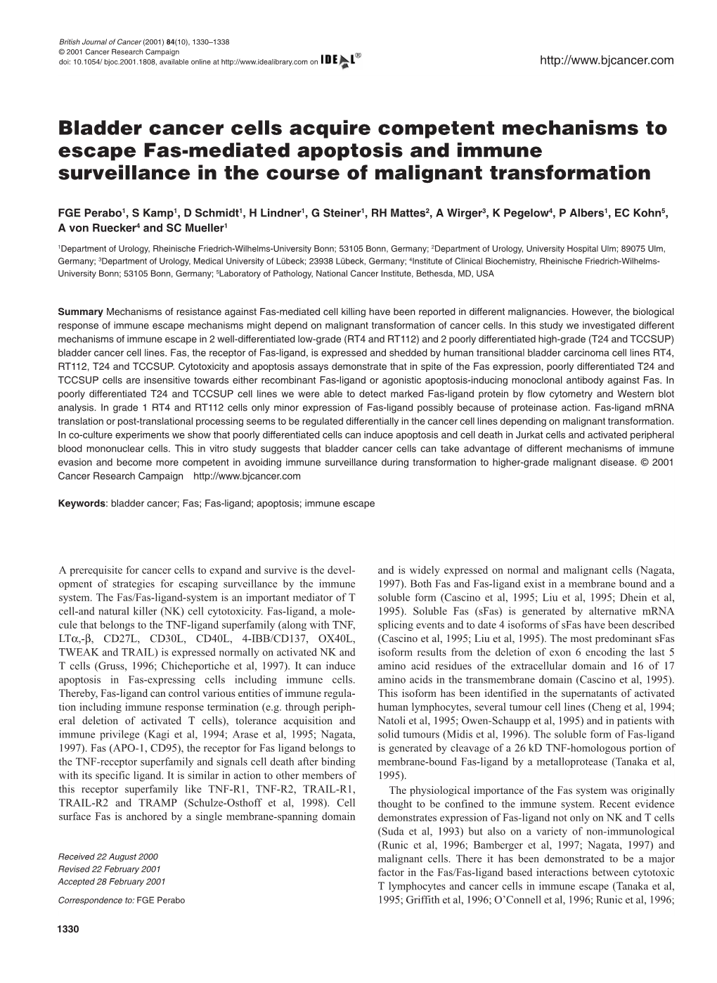 Bladder Cancer Cells Acquire Competent Mechanisms to Escape Fas-Mediated Apoptosis and Immune Surveillance in the Course of Malignant Transformation