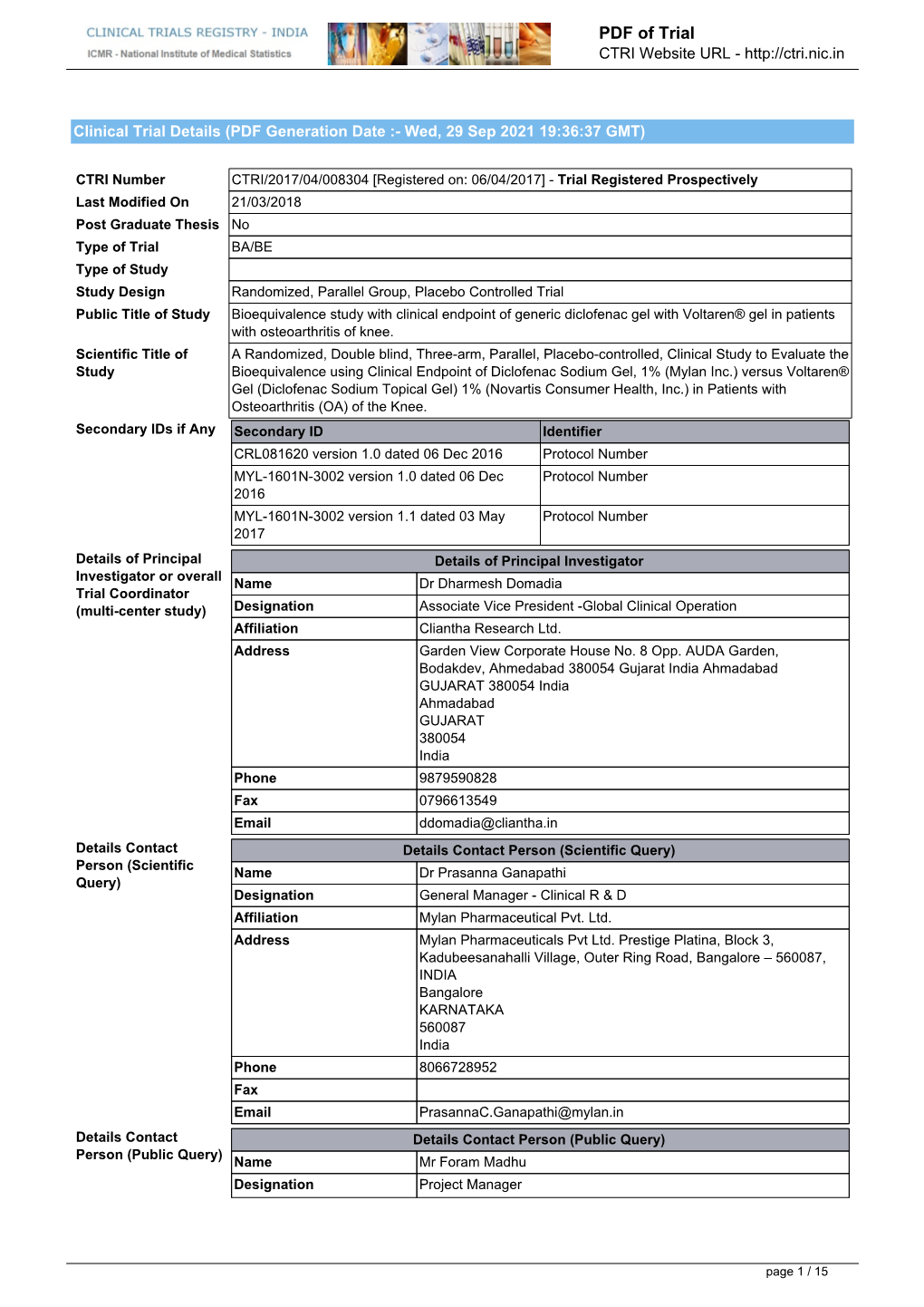 CTRI Trial Data