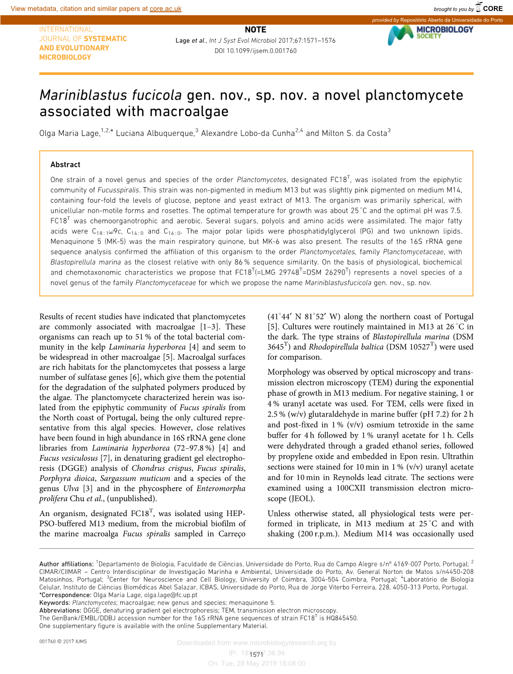 Mariniblastus Fucicola Gen. Nov., Sp. Nov. a Novel Planctomycete Associated with Macroalgae