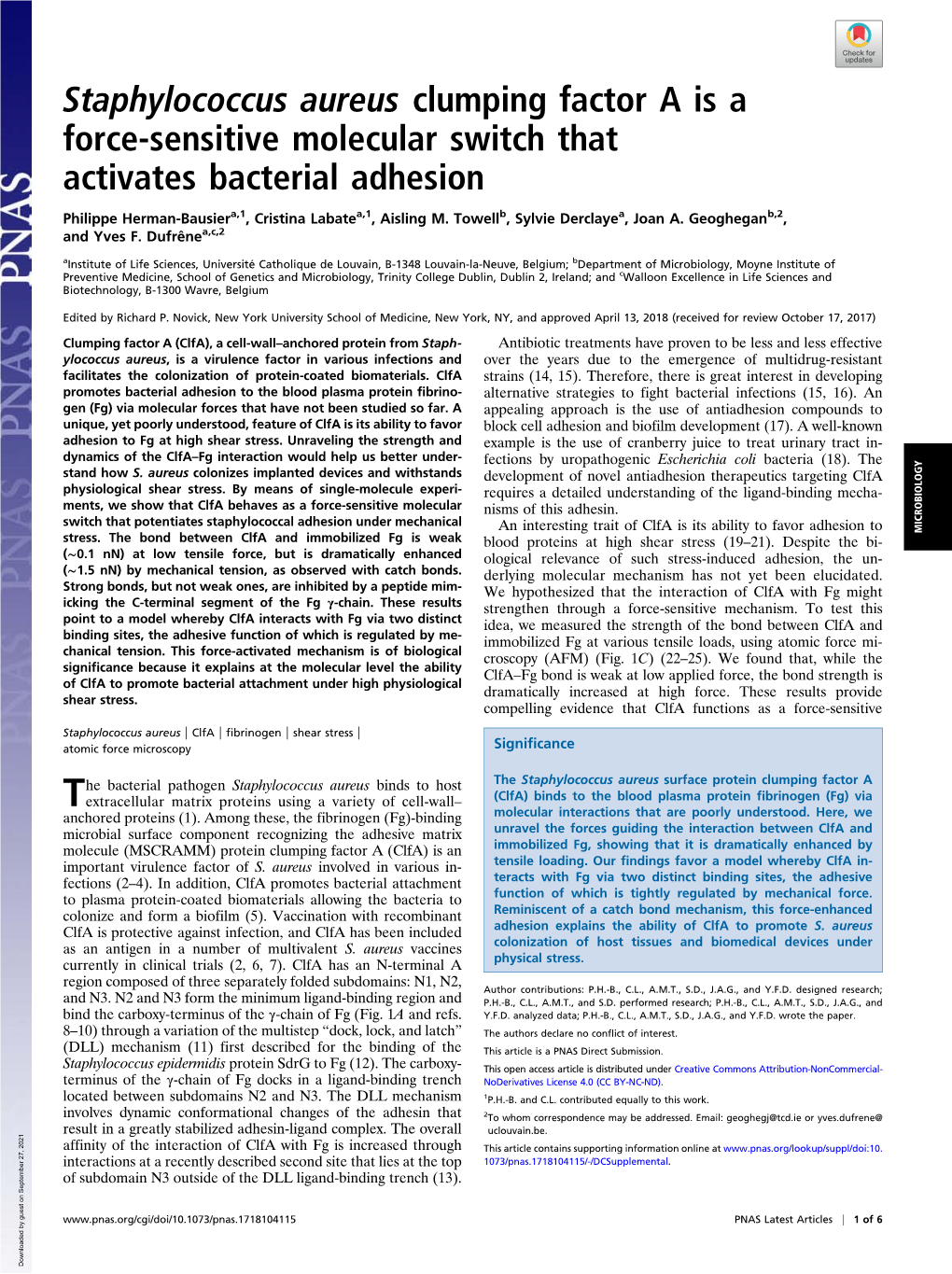 Staphylococcus Aureus Clumping Factor a Is a Force-Sensitive Molecular Switch That Activates Bacterial Adhesion