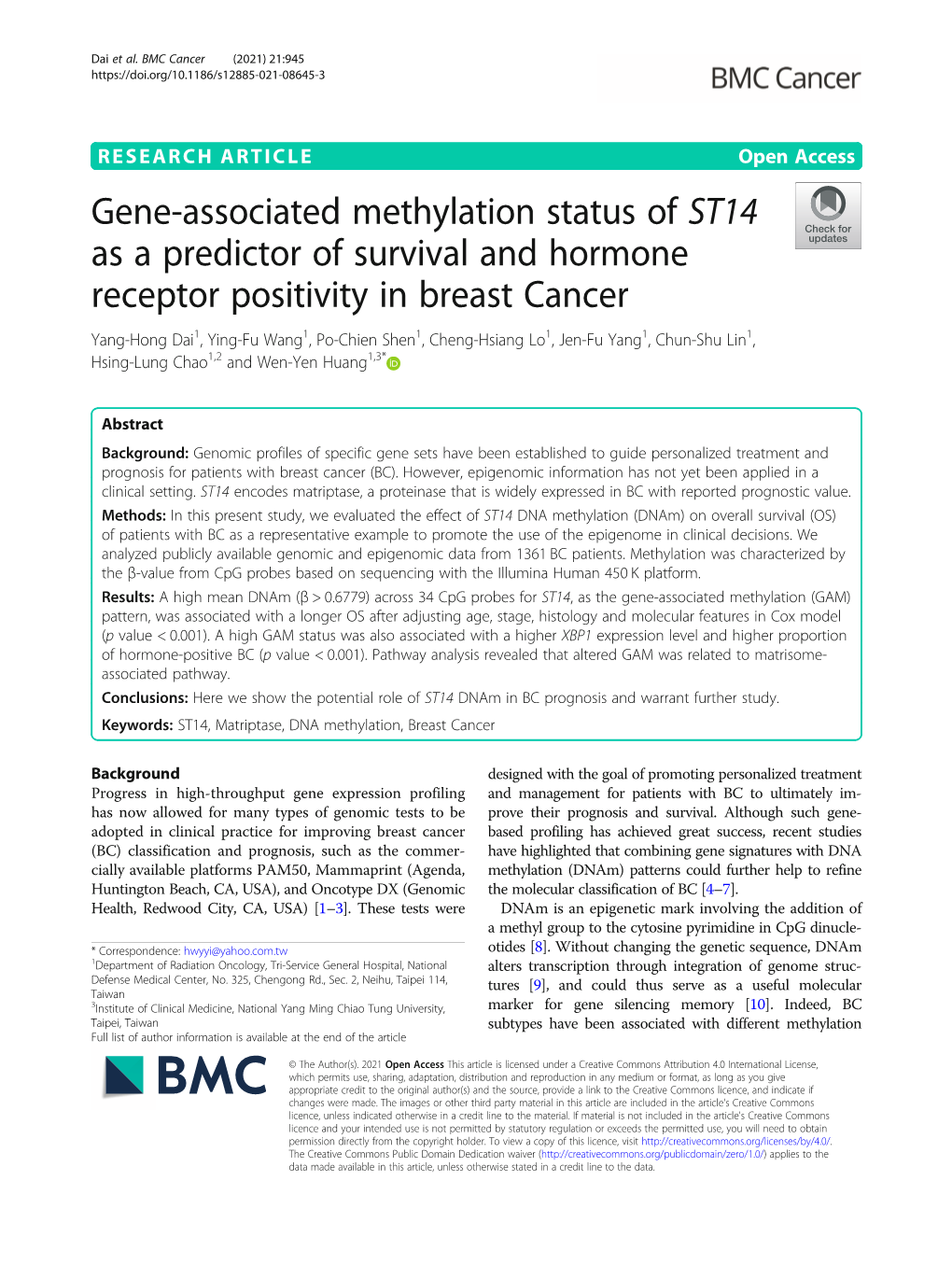 Gene-Associated Methylation Status of ST14 As a Predictor of Survival And