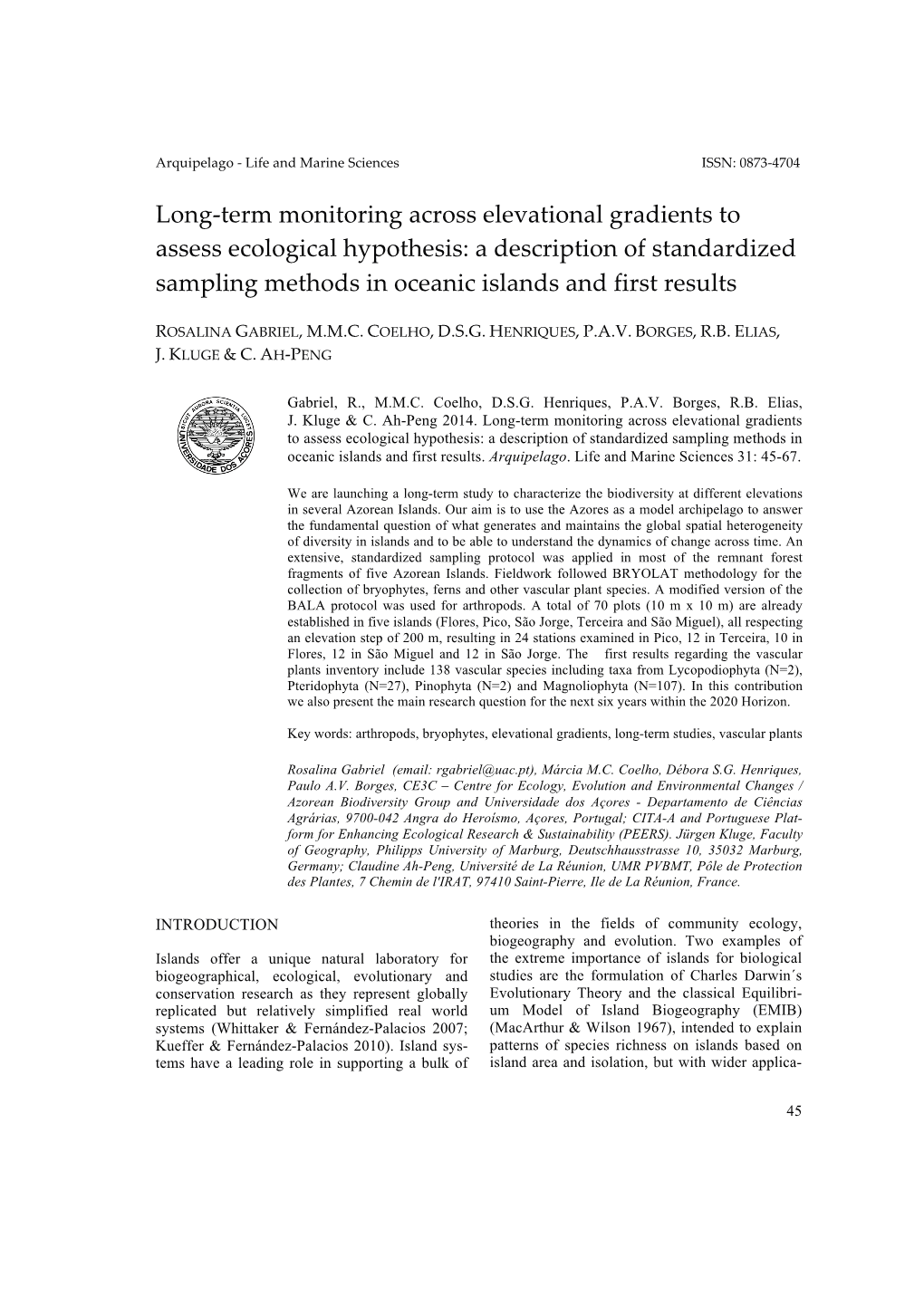 Long-Term Monitoring Across Elevational Gradients to Assess Ecological Hypothesis: a Description of Standardized Sampling Methods in Oceanic Islands and First Results