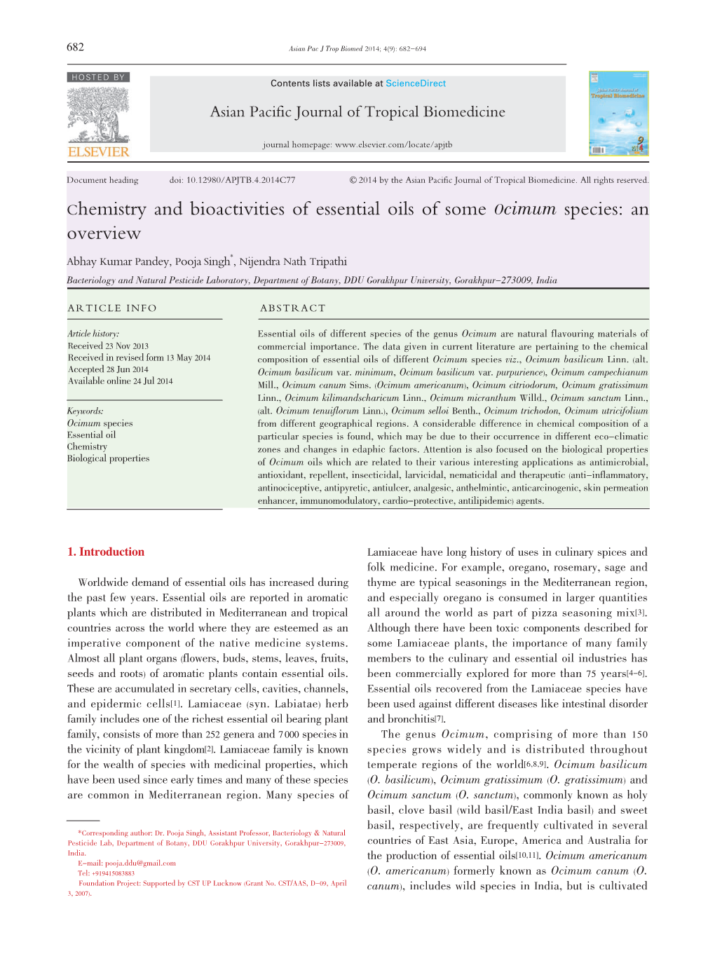 Chemistry and Bioactivities of Essential Oils of Some Ocimum Species: an Overview