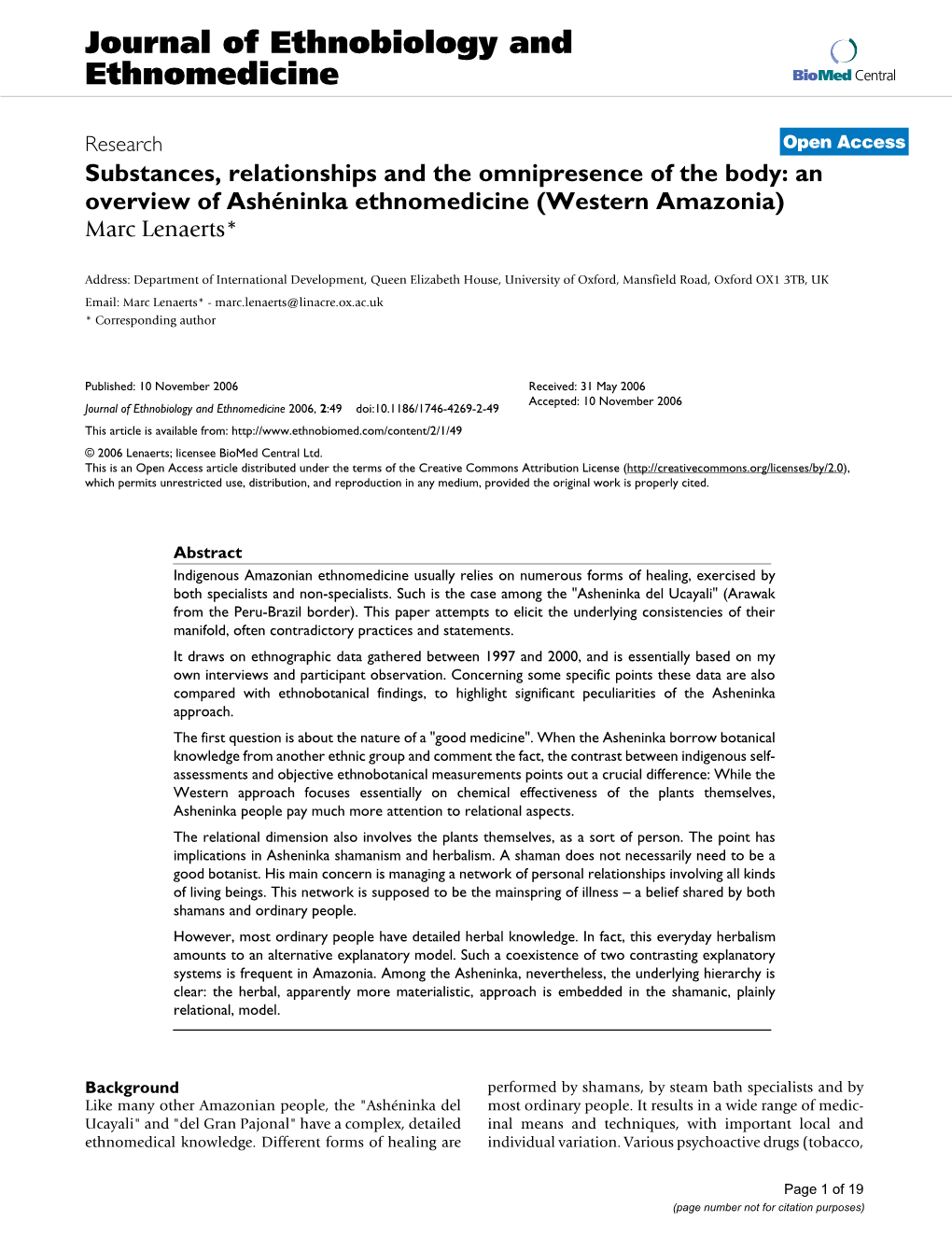 Substances, Relationships and the Omnipresence of the Body: an Overview of Ashéninka Ethnomedicine (Western Amazonia) Marc Lenaerts*